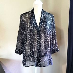 Gap Factory XL Sheer Shirred Peplum Ruffle Black and Grey Button Pleated Top